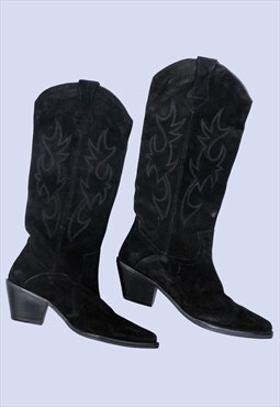 Black Suede Leather Western Heeled Knee High Cowboy Boots