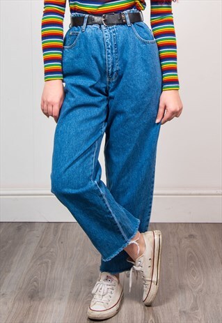 VINTAGE 90'S BLUE DENIM HIGH WAIST FRAYED HEM JEANS