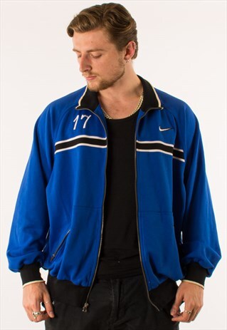 VINTAGE 90 BLUE NIKE TRACK TOP, WHITE AND BLACK DETAILING