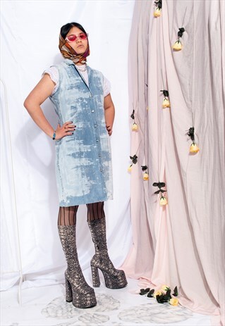 VINTAGE DENIM DRESS REWORKED MARBLE BLEACH BUTTON FRONT MIDI