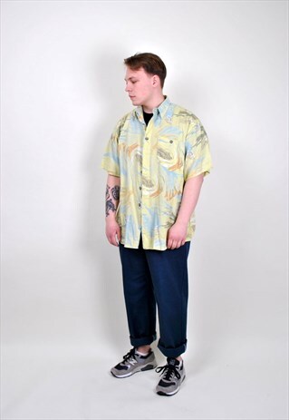 70S ABSTRACT PRINT YELLOW HAWAII SHIRT, SIZE L