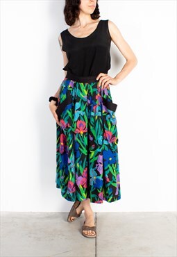 Women's Black Green Floral Cotton Skirt