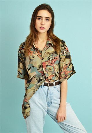 90'S ABSTRACT PATTERN SHIMMER SILK OVERSIZED BLOUSE TOP