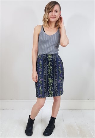 VINTAGE 80'S BLUE FLORAL STRIPE CORD MINI SKIRT