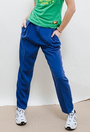 Vintage 80s Pleated Blue Straight Leg Trousers With Pockets 