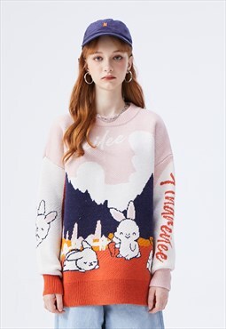 Retro cartoon sweater grunge bunny knitwear jumper in pink