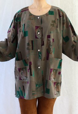 Vintage Long Sleeves Blouse Green Pink Size XL T330