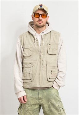 Vintage cargo vest in cream utility sleeveless top men L/XL