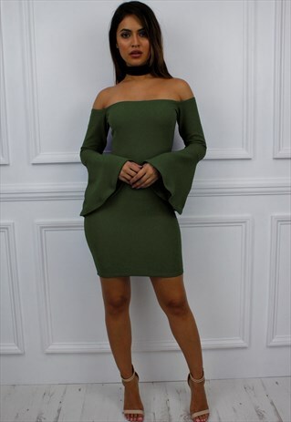KHAKI BARDOT OFF SHOULDER BELL SLEEVE BODYCON MINI DRESS