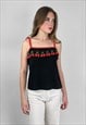 Vintage 70's Black Cotton Vest With Embroidery Cherry Print