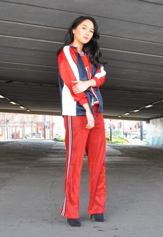 RED GLITTER SIDE STRIPE SPORTS TROUSERS