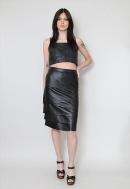 80's Valentino Black Leather Ladies Skirt Soft Tiered Pencil