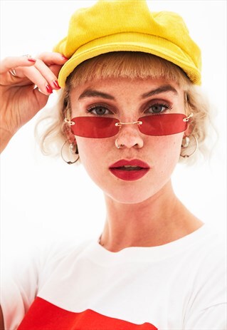 INDIGO - RED SKINNY RECTANGULAR METAL FRAME SUNGLASSES