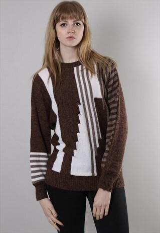 VINTAGE 80S CRAZY PATTERNED BATWING WOOL JUMPER