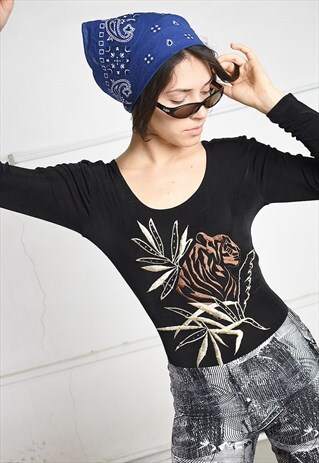 VINTAGE 80S BODYSUIT LEOTARD IN BLACK ANIMAL EMBROIDERY