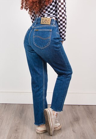LEE 90'S DARK BLUE DENIM HIGH WAIST RAW HEM MOM JEANS