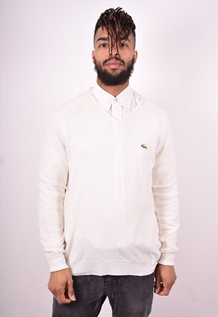 LACOSTE MENS VINTAGE JUMPER SWEATER LARGE WHITE 90'S