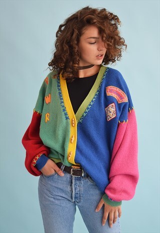 90'S RETRO KNIT COLOR BLOCK OVERSIZED WOOLEN CARDIGAN TOP