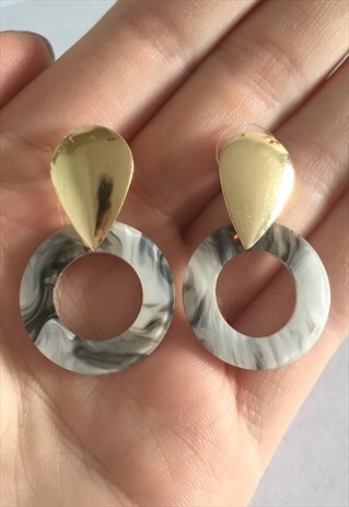 WOMENS GOLD GREY ACRYLIC EARRINGS STATEMENT DANGLY EARRINGS
