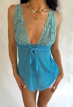 00s Victorias Secret Aqua Blue Lace & Mesh Tie Cami Top