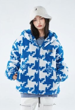 Hound tooth  fleece jacket Check pattern hooded bomber blue