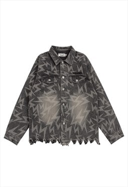 Thunder print denim jacket bleached retro jean bomber grey 
