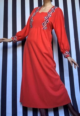 Vintage 70s maxi red bohemian dress, long sleeves, UK12/14