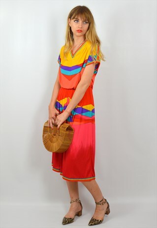VINTAGE 70S RED YELLOW & BLUE SUMMER MIDI DRESS