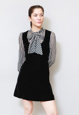VINTAGE 1960'S BLACK VELVET STRIPED PUSSY BOW MINI DRESS
