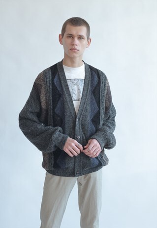 VINTAGE 80S FUNKY CARDIGAN IN GREY PATTERN