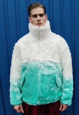 Gradient fleece jacket faux fur tie-dye bomber in white turq