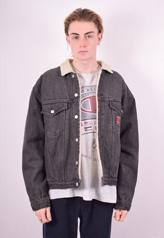 MENS VINTAGE SHERPA DENIM JACKET LARGE BLACK 90'S