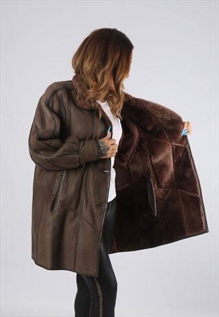 VINTAGE SHEEPSKIN LEATHER SHEARLING COAT UK 18 XXL (K94Q)