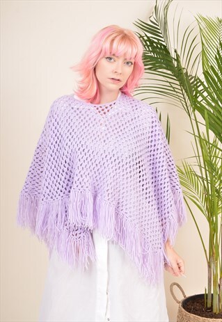 Y2K CROCHET KNIT HIPPY BOHO SUMMER PICNIC PONCHO PURPLE