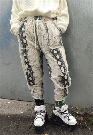 SNAKE PRINT DENIM FEEL OVERALLS CROPPED RIPPED PYTHON JEANS