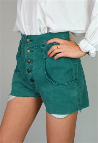 VINTAGE 90S GREEN DENIM HIGH WAISTED SHORTS