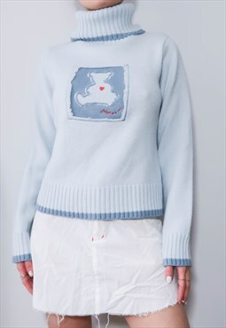 Vintage Y2K Blue Pastel Embroidery Teddy Bear Jumper