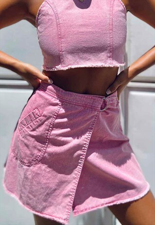 VINTAGE WASH PINK DENIM WRAP MINI SKIRT