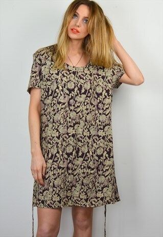 VINTAGE 90S BURGUNDY & BEIGE FLORAL PRINT MINI DRESS