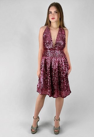 70's Vintage Pink Sequin Ladies Halter Neck Evening Dress