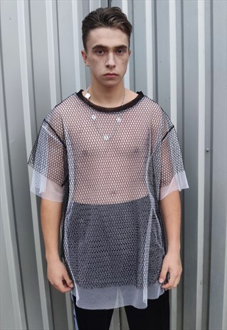 TRANSPARENT MESH TOP SEE-THROUGH GRUNGE T-SHIRT WHITE