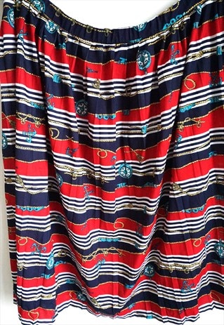 VINTAGE SAILOR STYLE SKIRTS MIDI HIGH WAIST RED BLUE STRIPPE