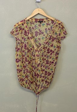 Vintage Y2K Floral Mesh Tie Up Top Yellow Lightweight 