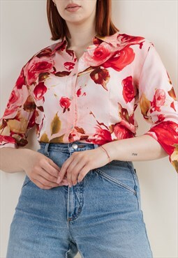 Vintage 90s Bold Floral Pink 3/4 Sleeve Slim Fit Shirt