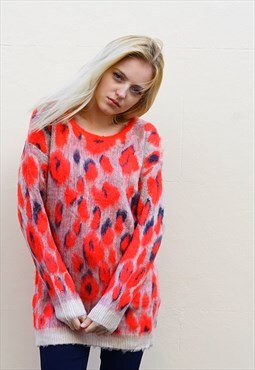 Knitted Jumper in Red and Blue Leopard Print
