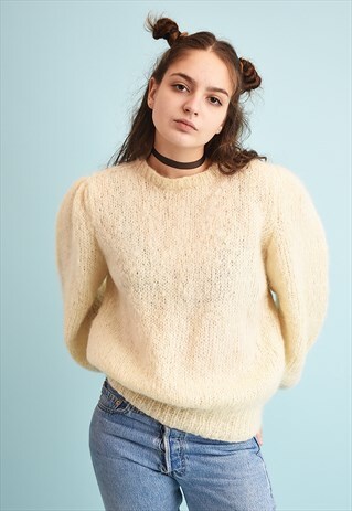80'S RETRO NEUTRAL PUFF-SLEEVE CHUNKY MOMS HANDKNIT JUMPER