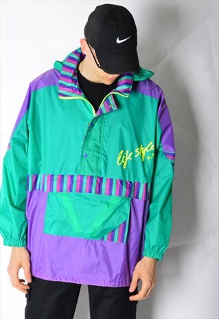 JEANTEX VINTAGE 80S GREEN PURPLE FESTIVAL RAIN COAT JACKET