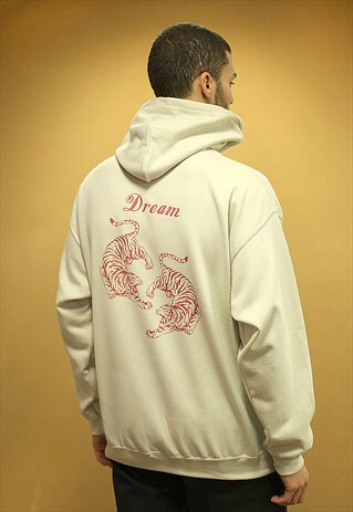 OVERSIZED SAND HOODIE WITH BOLD CHINESE TIGER DESIGN PRINT