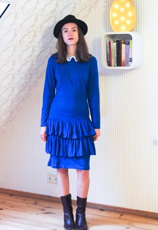 BRIGHT BLUE SOFT LONG SLEEVE VINTAGE DRESS WITH FRILLS