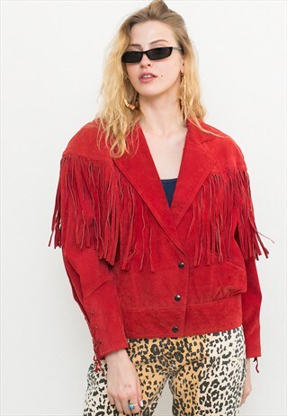 RED WESTERN LEATHER SUEDE FRINGE JACKET